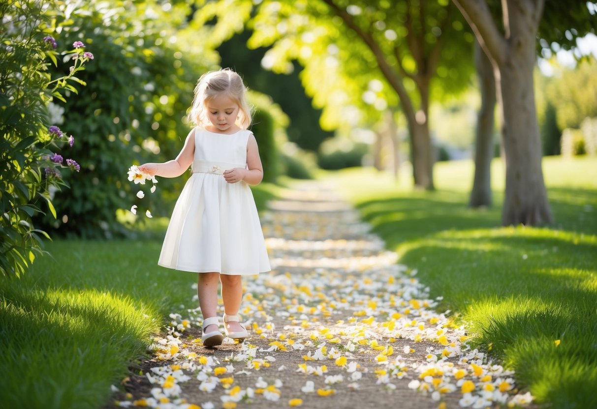A young girl in a white dress, scattering flower petals along a garden path. Sunshine filters through the trees, casting dappled shadows on the ground
