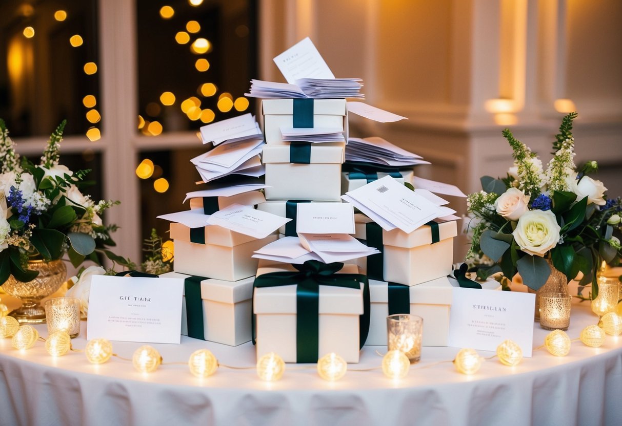 A gift table at a wedding reception, with envelopes and cards piled on top, surrounded by floral centerpieces and twinkling lights