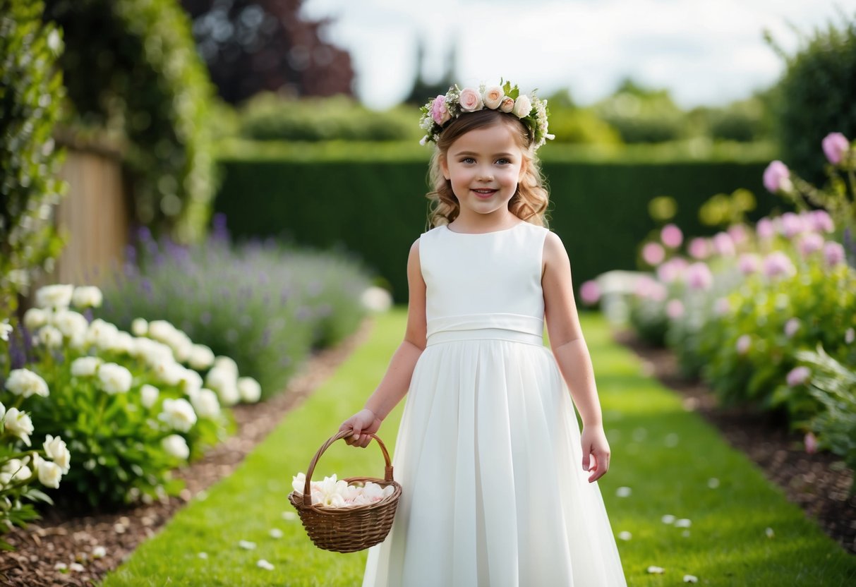 A flower girl, aged 4-8, stands in a garden wearing a white dress, holding a basket of petals, with a floral crown in her hair