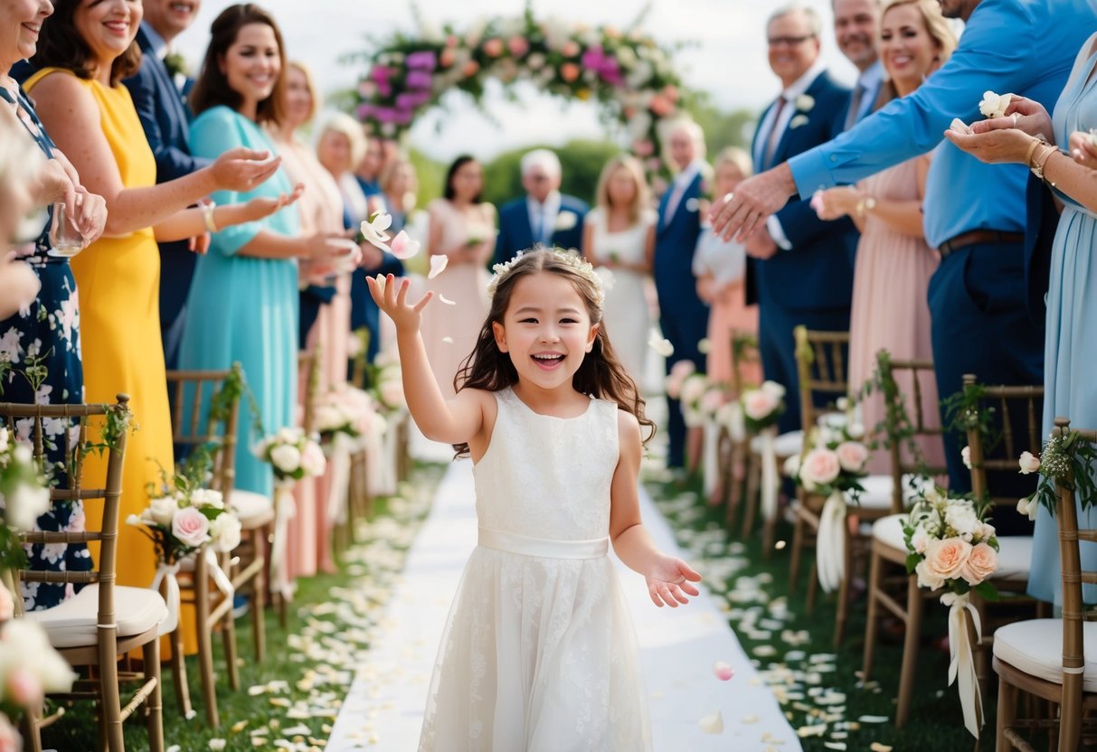 A young girl joyfully tossing flower petals down the aisle at a wedding, surrounded by blooming flowers and happy guests