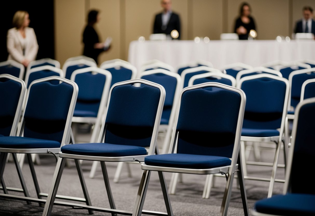 A row of empty chairs at an event, with only a few occupied