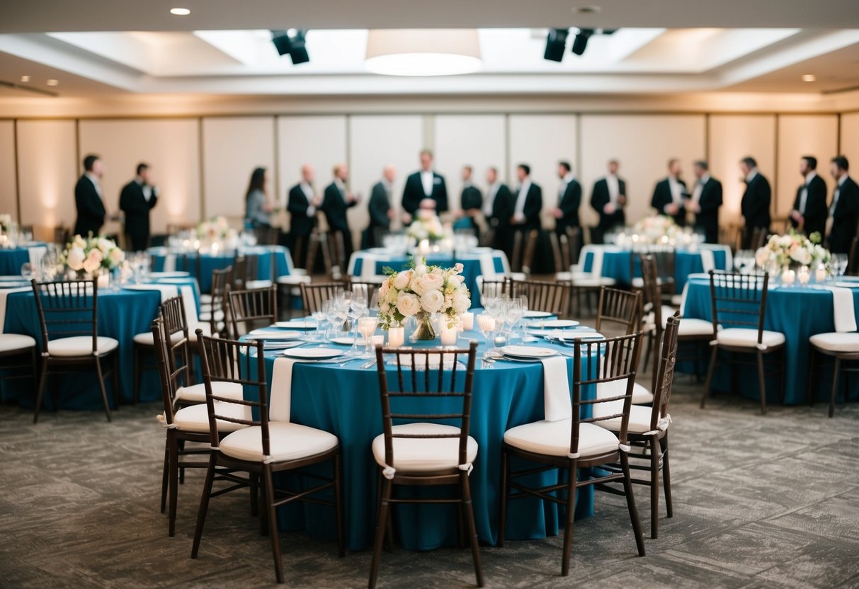 A beautifully decorated table with empty chairs surrounding it, contrasting the anticipation of a large gathering with the reality of a few scattered attendees