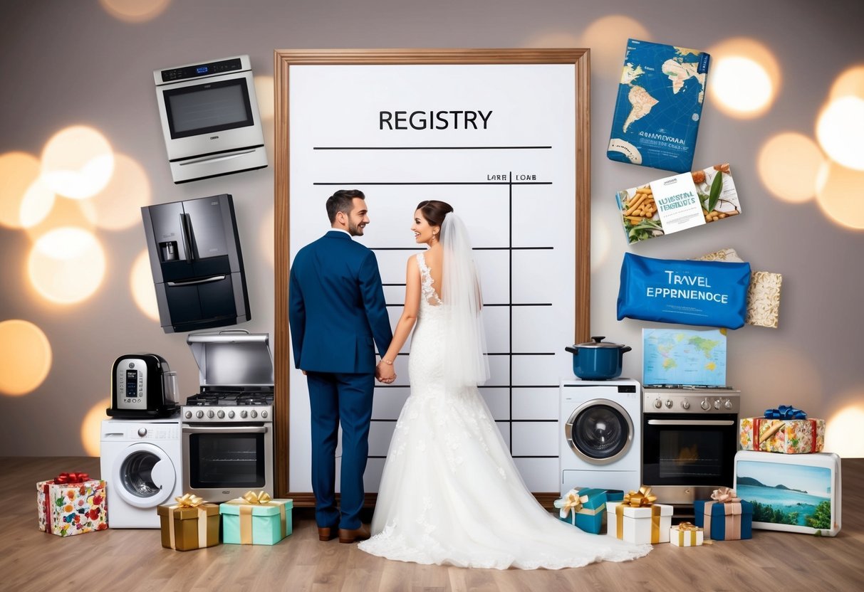 A bride and groom standing in front of a blank registry board, surrounded by various gift options such as kitchen appliances, home decor, and travel experiences