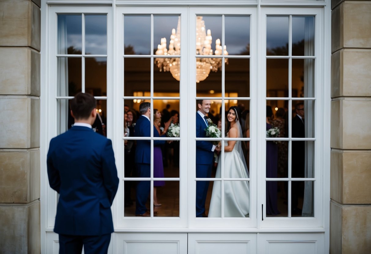 A lone figure standing outside a grand wedding venue, watching through the window as guests celebrate inside