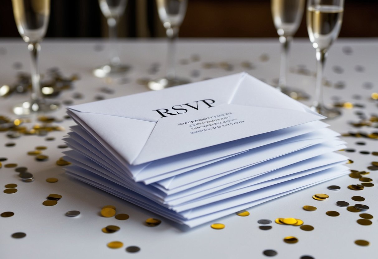 A pile of unopened RSVP envelopes sits on a table, surrounded by scattered confetti and empty champagne glasses