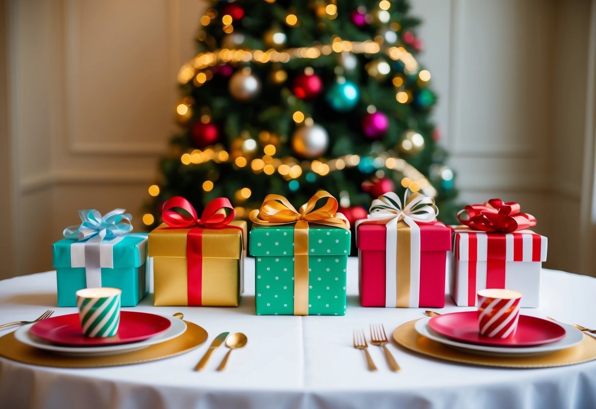 A festive table with a variety of non-traditional gift options, such as charitable donations, experiences, or homemade items, displayed in place of traditional registry items