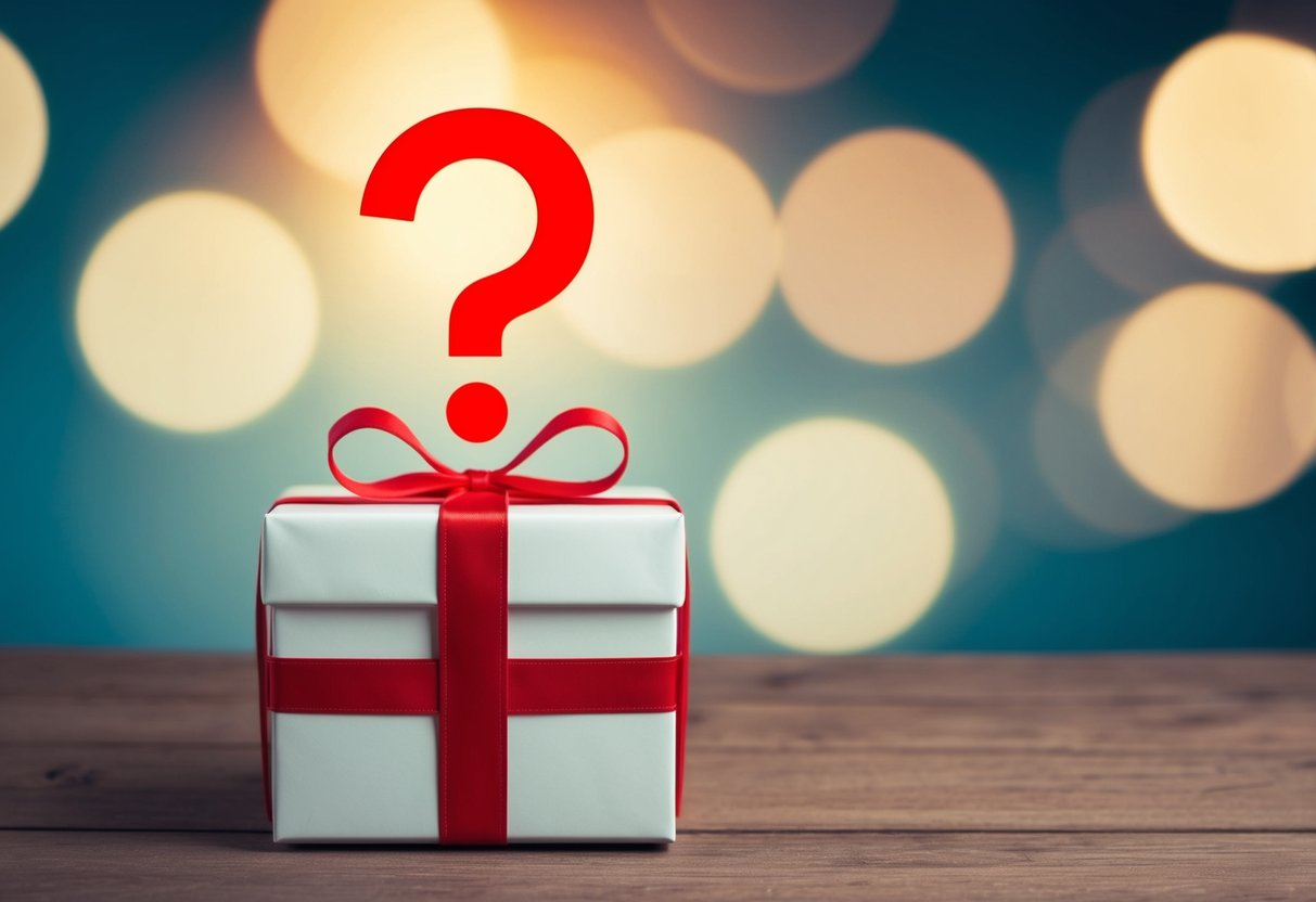 A gift box with a red "no entry" symbol. A question mark hovers above