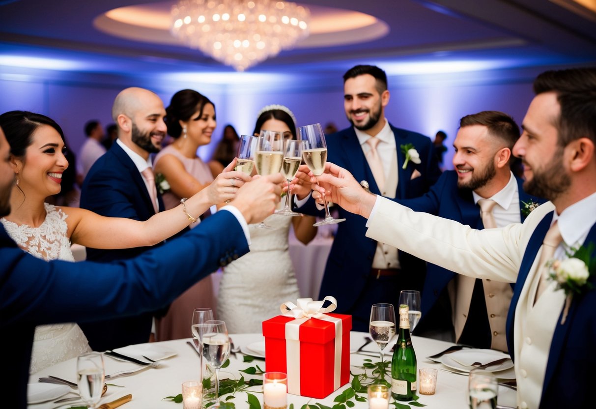 A festive wedding reception with no gift table, guests mingling and raising their glasses in a toast to the newlyweds