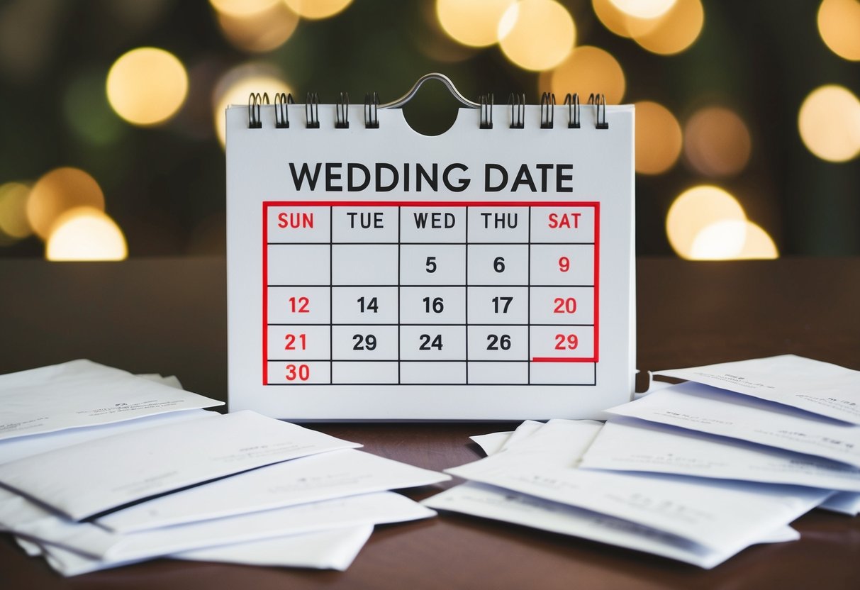 A calendar with the wedding date circled in red, surrounded by a pile of unopened RSVP envelopes