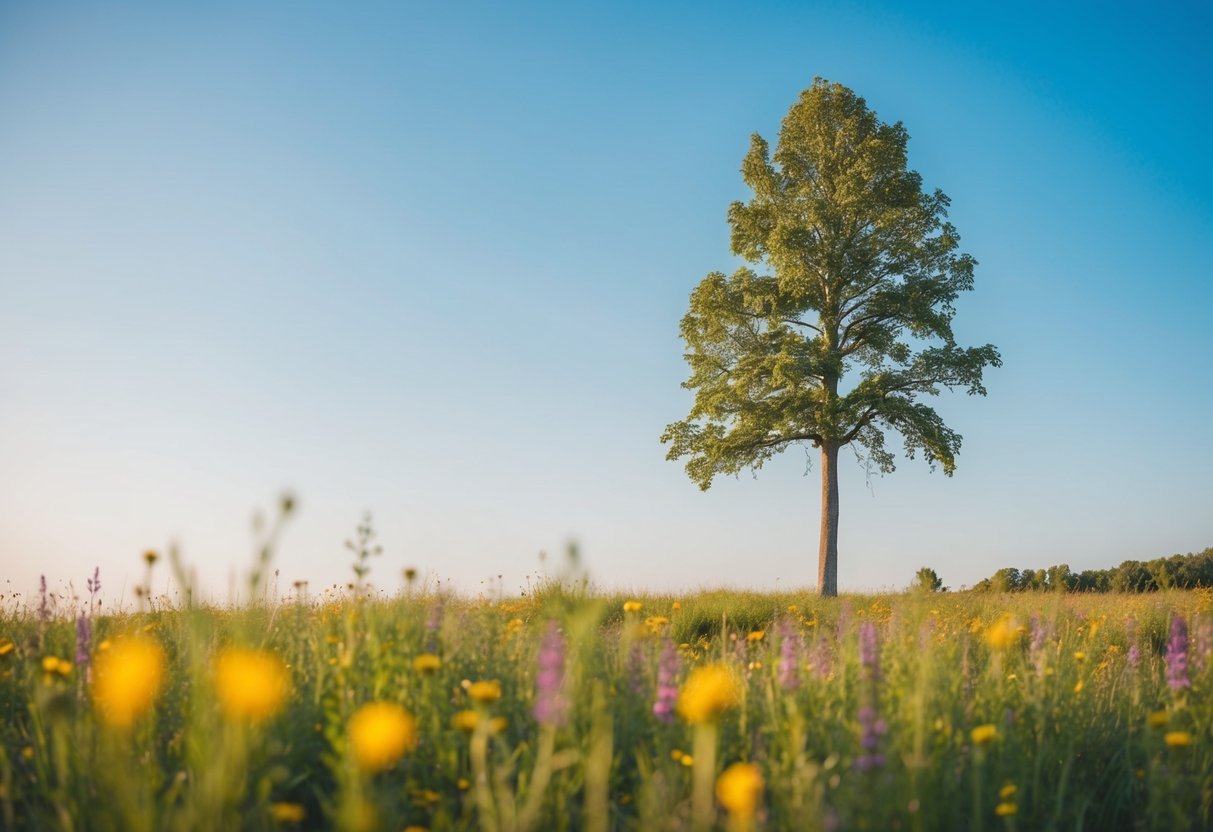 A lone tree standing tall in a tranquil meadow, surrounded by vibrant wildflowers under a clear blue sky
