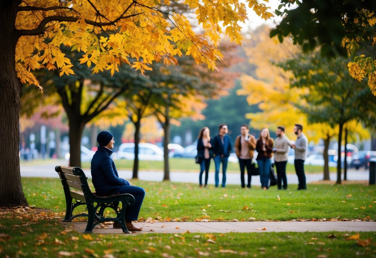 A solitary figure sits on a park bench, surrounded by vibrant autumn leaves, gazing at a distant group of friends laughing and chatting