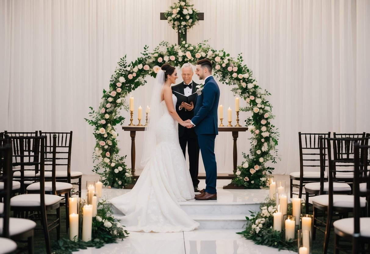 A bride and groom standing at the altar, surrounded by a circle of flowers and candles, with empty chairs on either side
