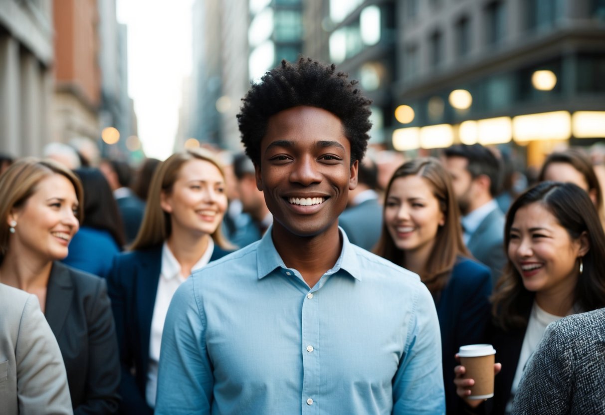 A person standing alone in a crowd, smiling confidently as others chat and laugh in small groups around them