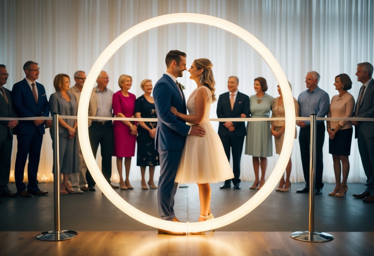 A couple standing together, surrounded by a circle of light, while a barrier separates them from a group of family members on the other side