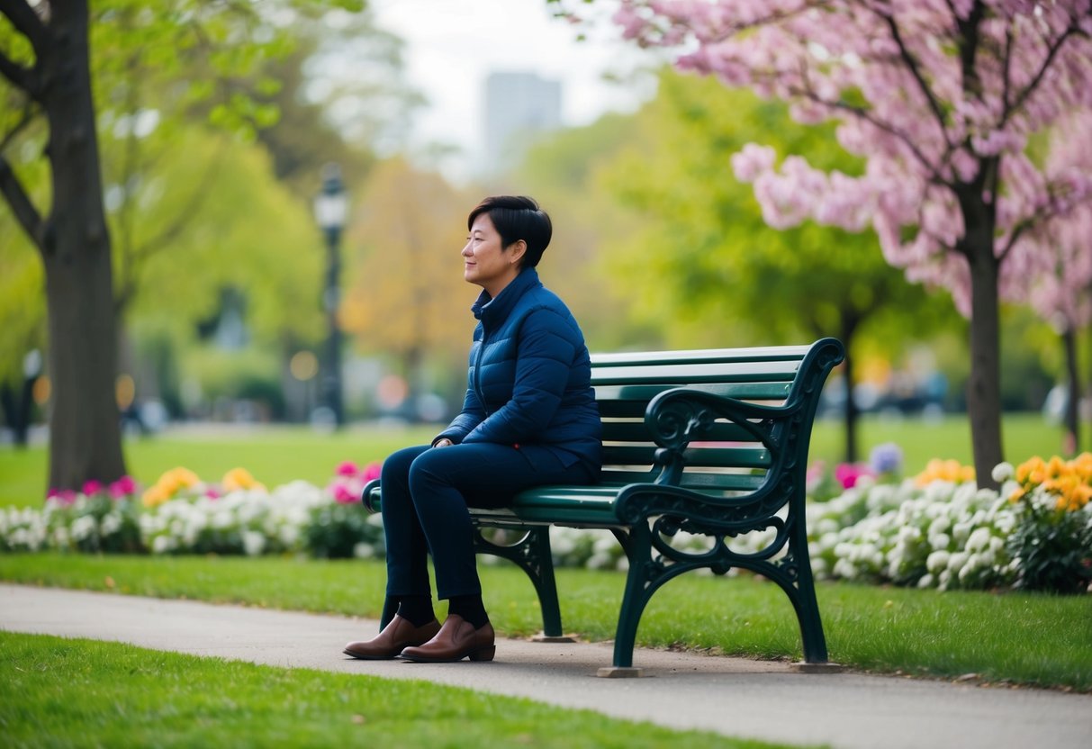 A person sitting alone on a park bench, surrounded by blooming flowers and trees, looking content and at peace with not being invited