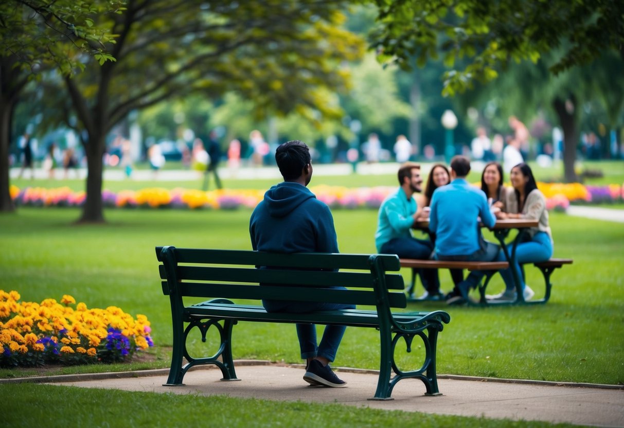 A person sitting alone on a park bench, surrounded by vibrant flowers and trees, watching a group of friends laughing and chatting at a nearby picnic table