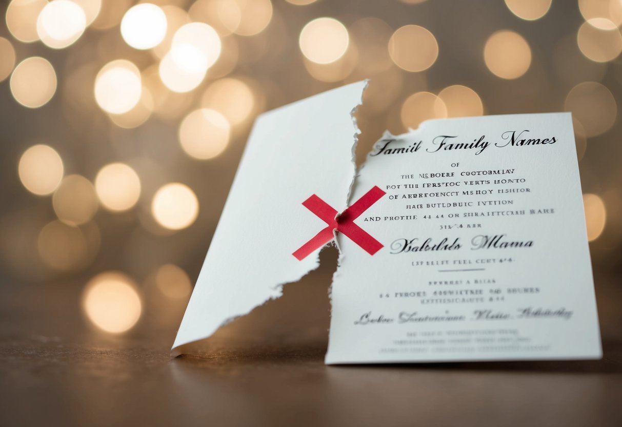 A wedding invitation torn in half, with a red "X" over family names