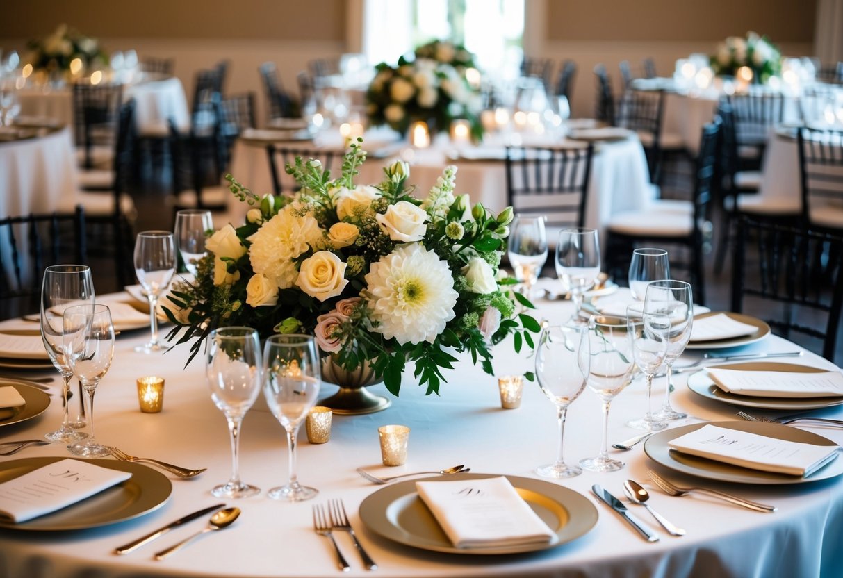 A table with 50 place settings, adorned with elegant floral centerpieces and sparkling glassware, awaits guests for a wedding celebration