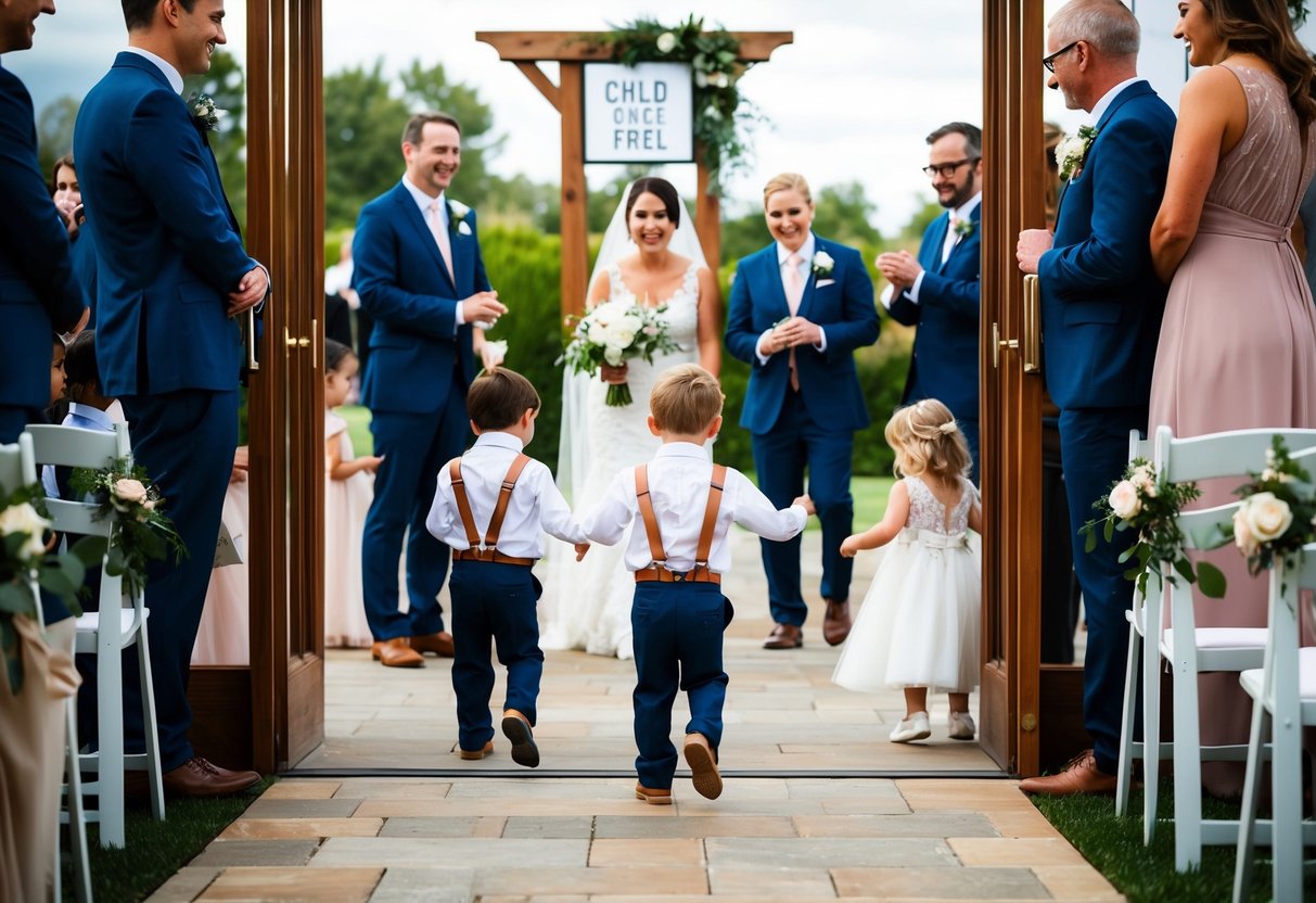 A wedding scene with a child-free sign at the entrance, children playing outside, and adults enjoying the ceremony and reception without interruptions