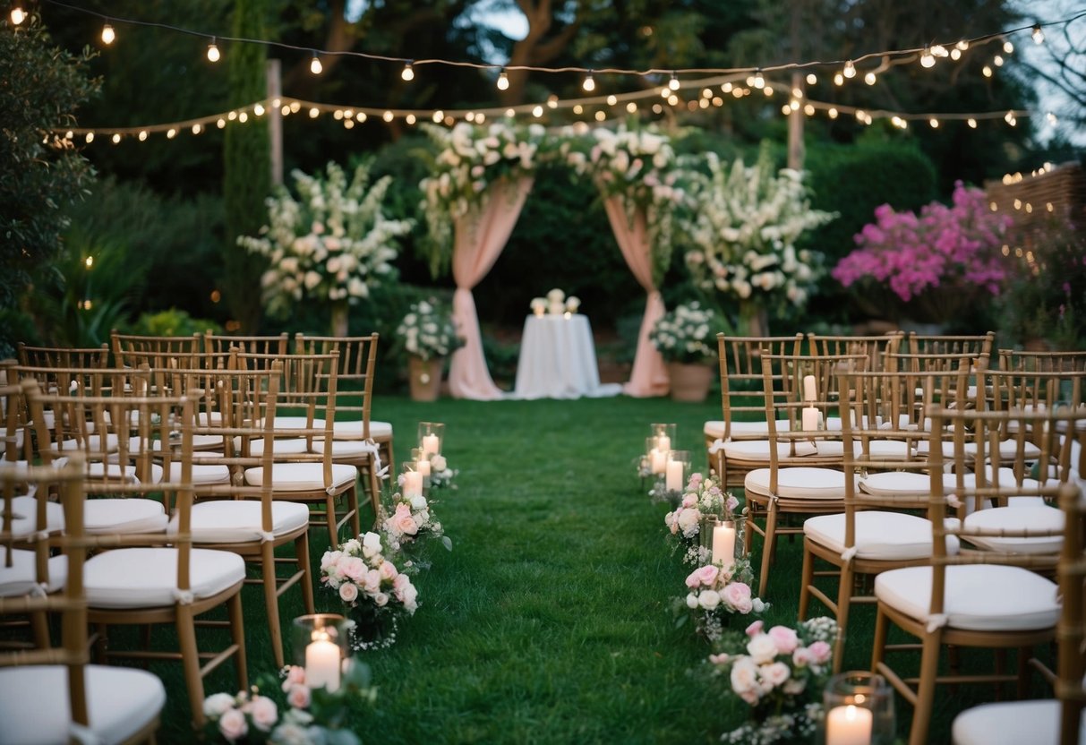 A cozy, intimate wedding setting with 50 chairs arranged in a beautiful outdoor garden surrounded by blooming flowers and twinkling lights