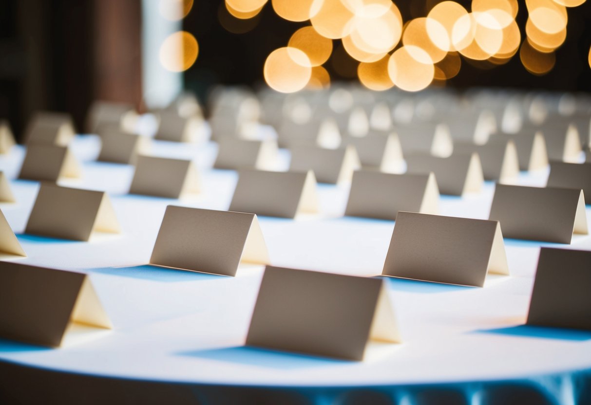 A table with 50 blank place cards arranged neatly in rows