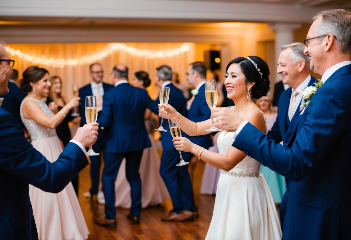 A festive wedding reception with elegant decor, champagne glasses clinking, and adults mingling and dancing without any children present