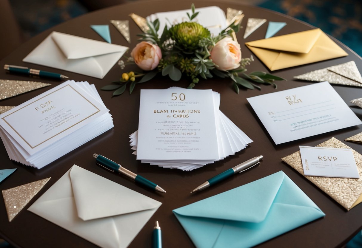 A table with 50 blank invitations and RSVP cards, surrounded by a variety of decorative envelopes and pens