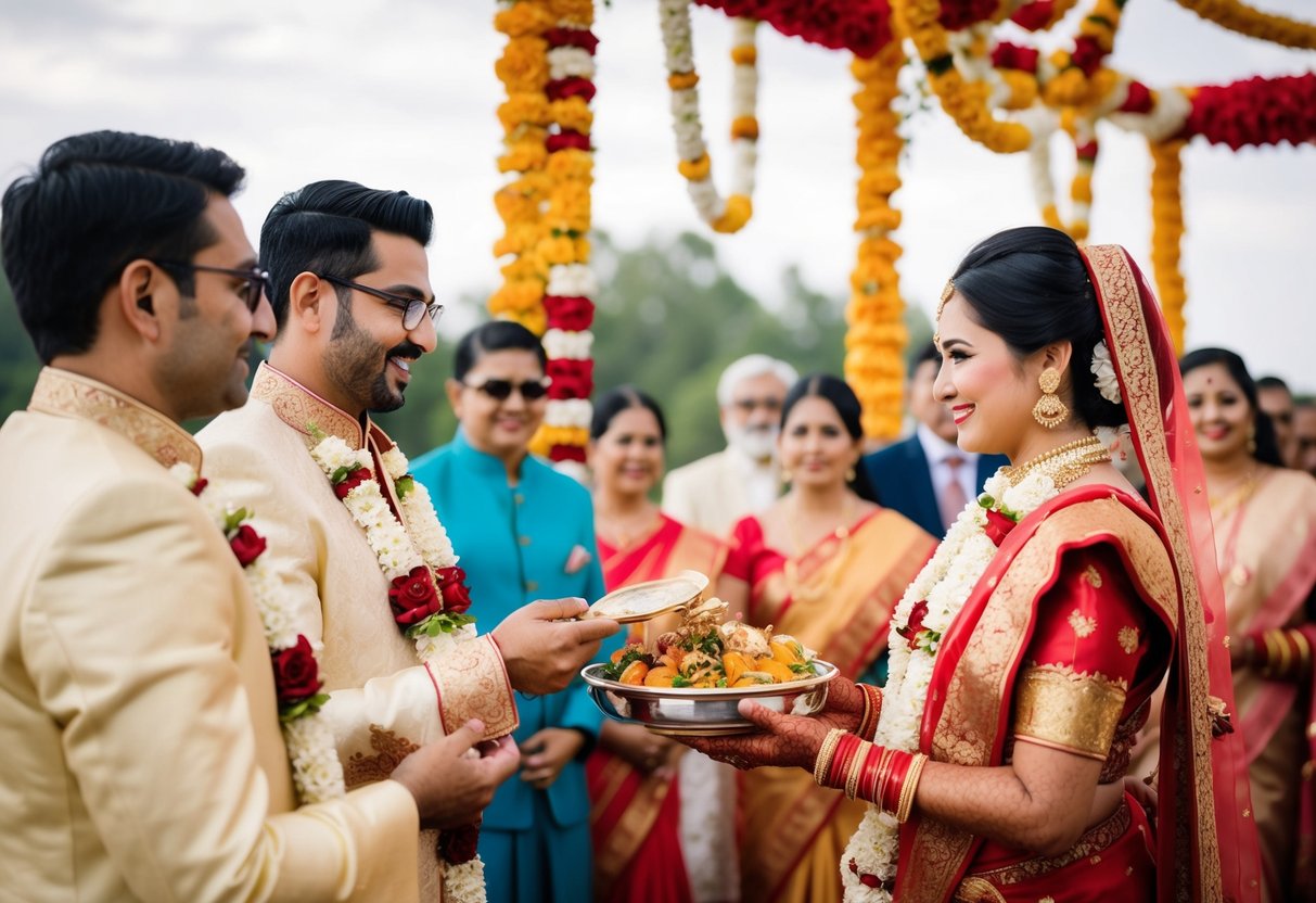 A traditional wedding scene with groom's family paying for decorations, food, and entertainment
