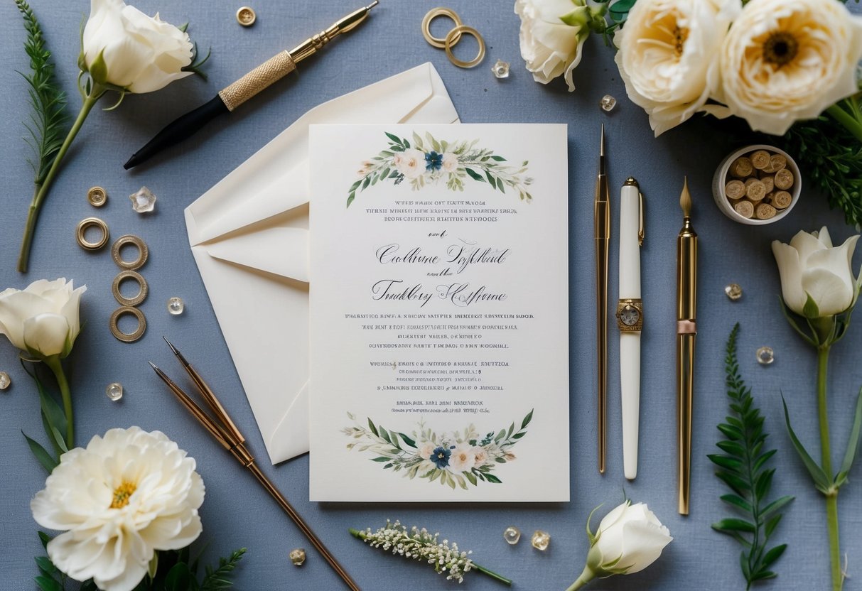 A wedding invitation lying on a table, surrounded by elegant calligraphy tools and delicate floral decorations