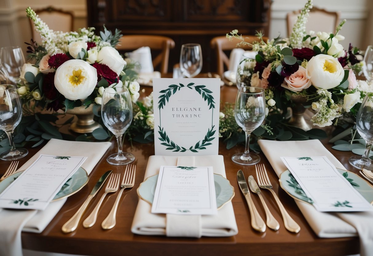 A table set with elegant stationery, surrounded by floral arrangements and wedding decor