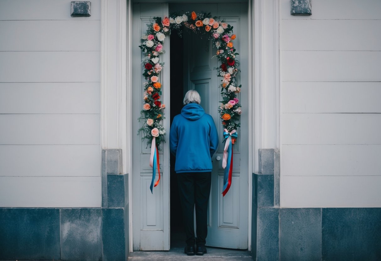 A lone figure stands outside a closed door adorned with flowers and ribbons, looking in with a mix of sadness and confusion