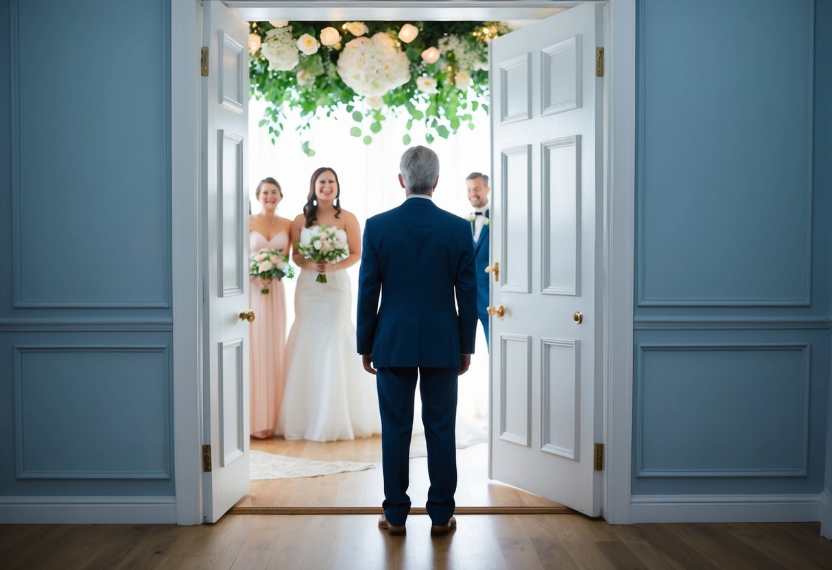 A lone figure stands outside a closed door, peering in at a joyous wedding celebration