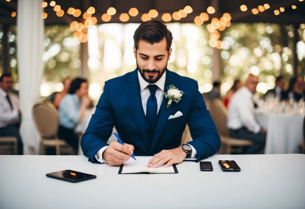 The groom sits at a table with a pen and paper, counting the number of guests he plans to invite to the wedding