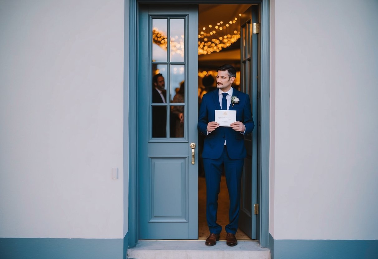 A lone figure stands outside a closed door, clutching a wedding invitation while watching the festivities inside through a window