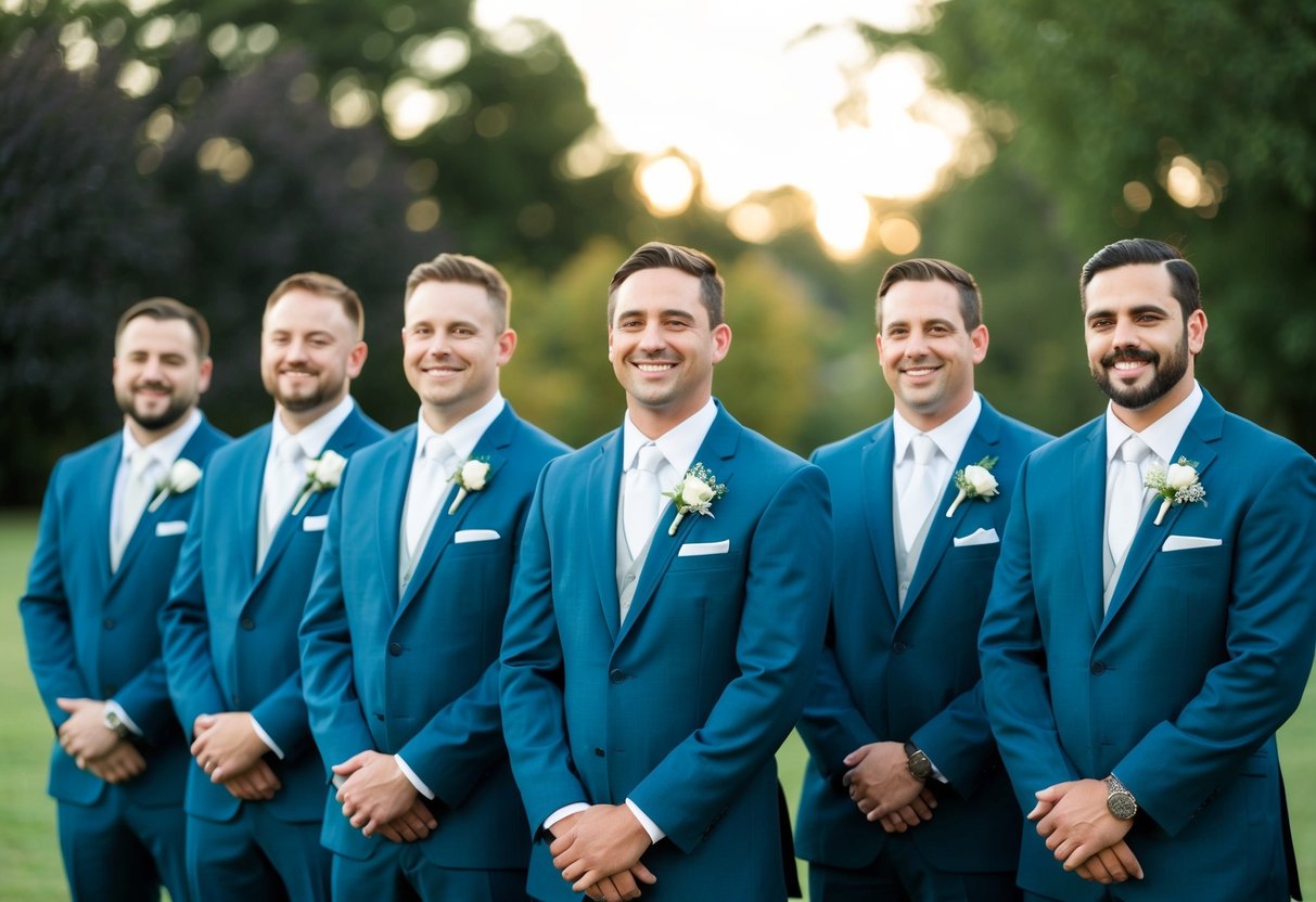 A group of groomsmen standing in a line, dressed in matching suits, with boutonnieres on their lapels, and smiling as they pose for a photo