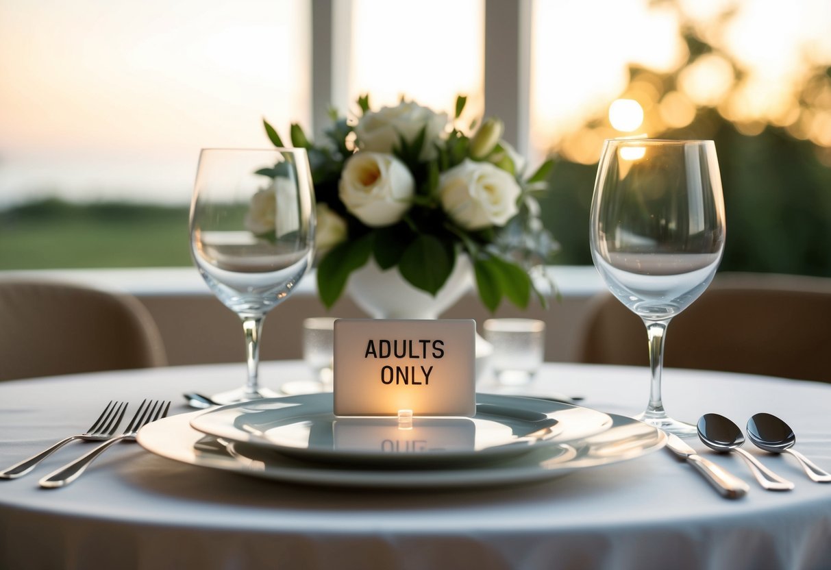 A serene dinner table with elegant place settings and a subtle "adults only" sign displayed discreetly