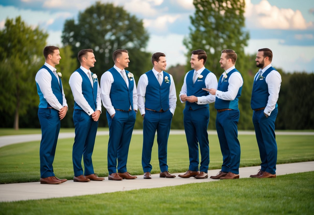 A group of groomsmen standing in a line, discussing logistics and planning for the wedding