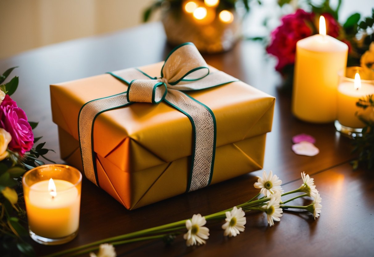 A beautifully wrapped wedding gift sits on a table, surrounded by flowers and candles