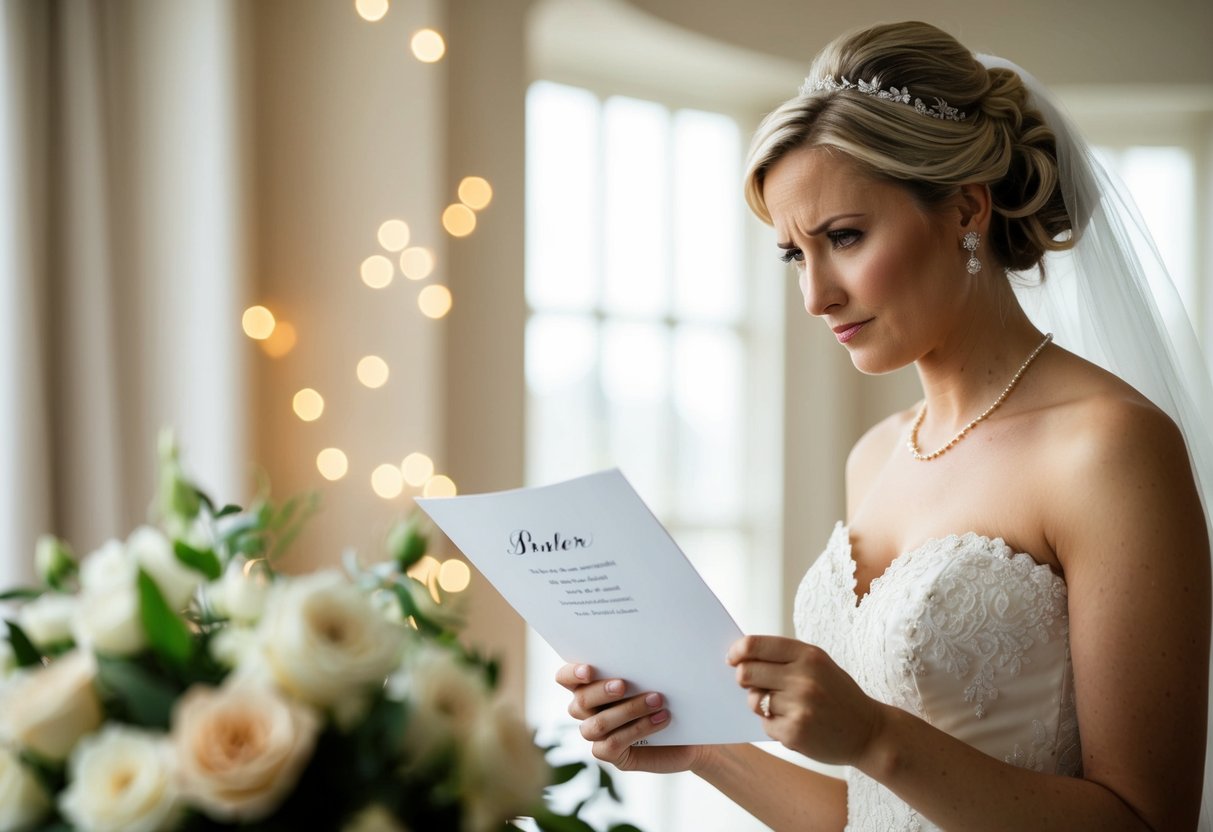 A bride hesitates, looking at her wedding invitation list with a conflicted expression