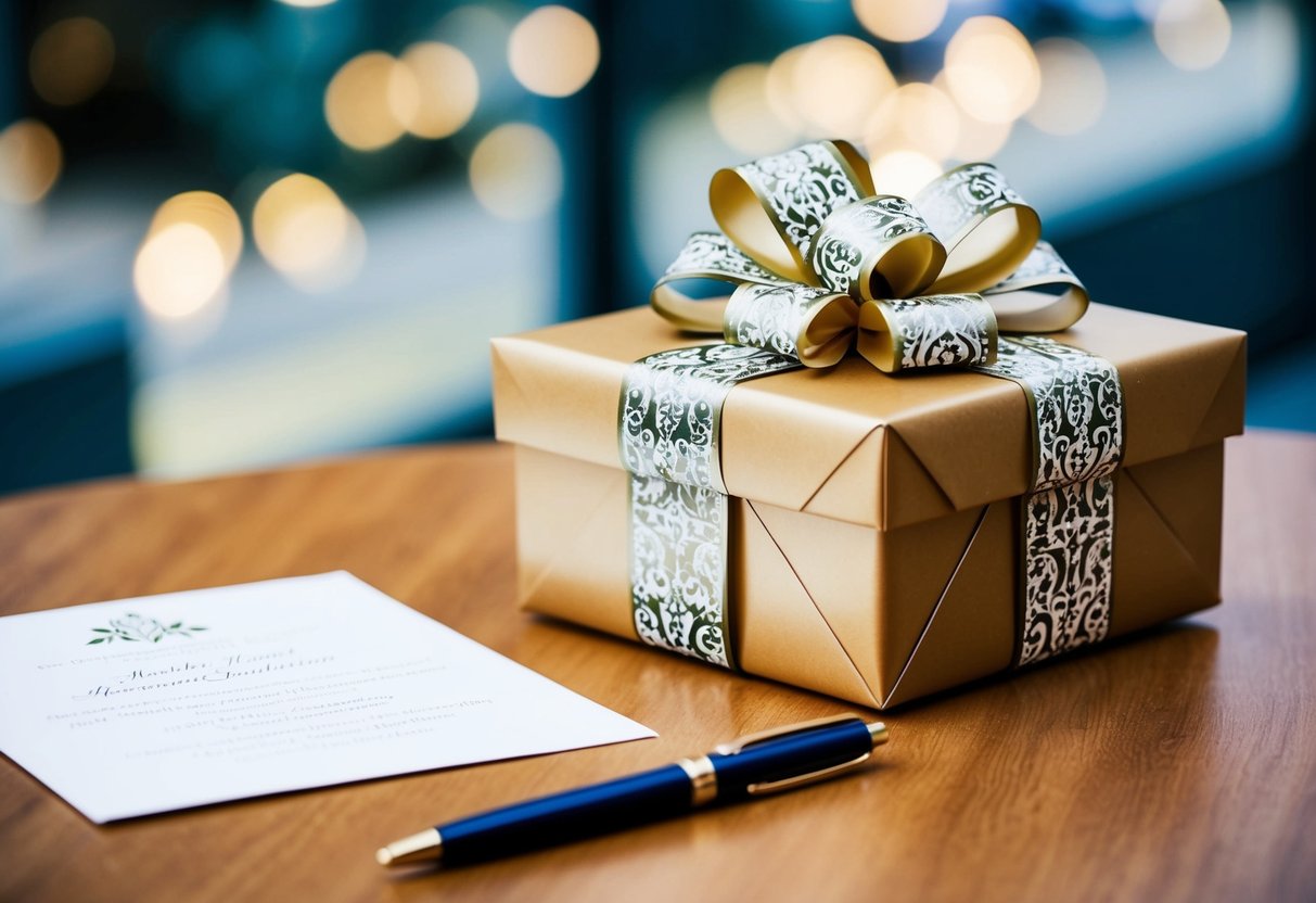 A wrapped gift box with a decorative bow sits on a table next to a wedding invitation and a pen