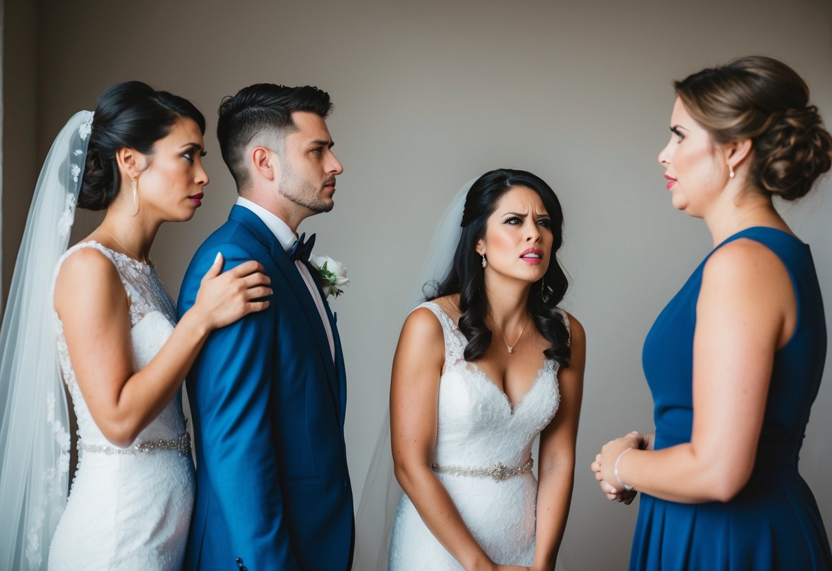 A bride and groom stand together, facing a woman with a pained expression. The couple appears hesitant while the woman looks hurt and confused
