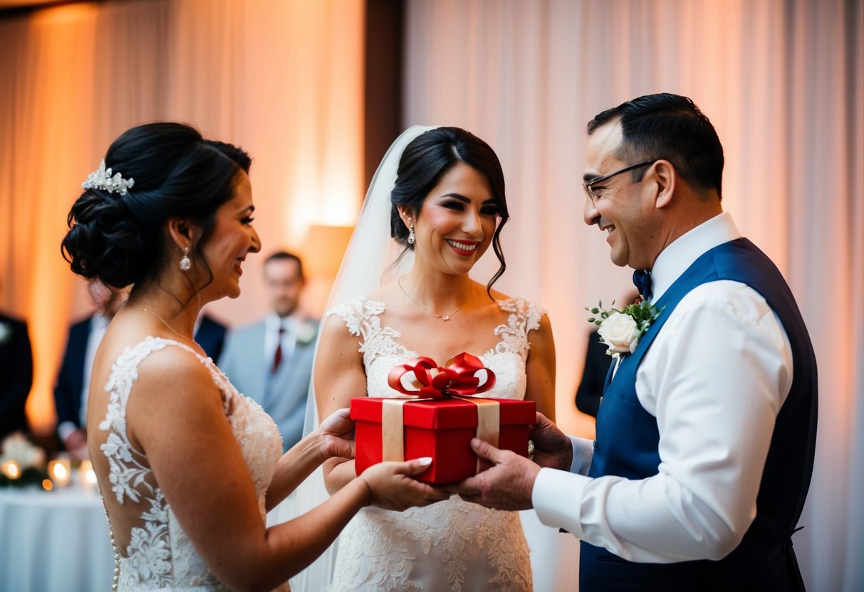 A bride and groom receiving a gift from their parents at a wedding reception
