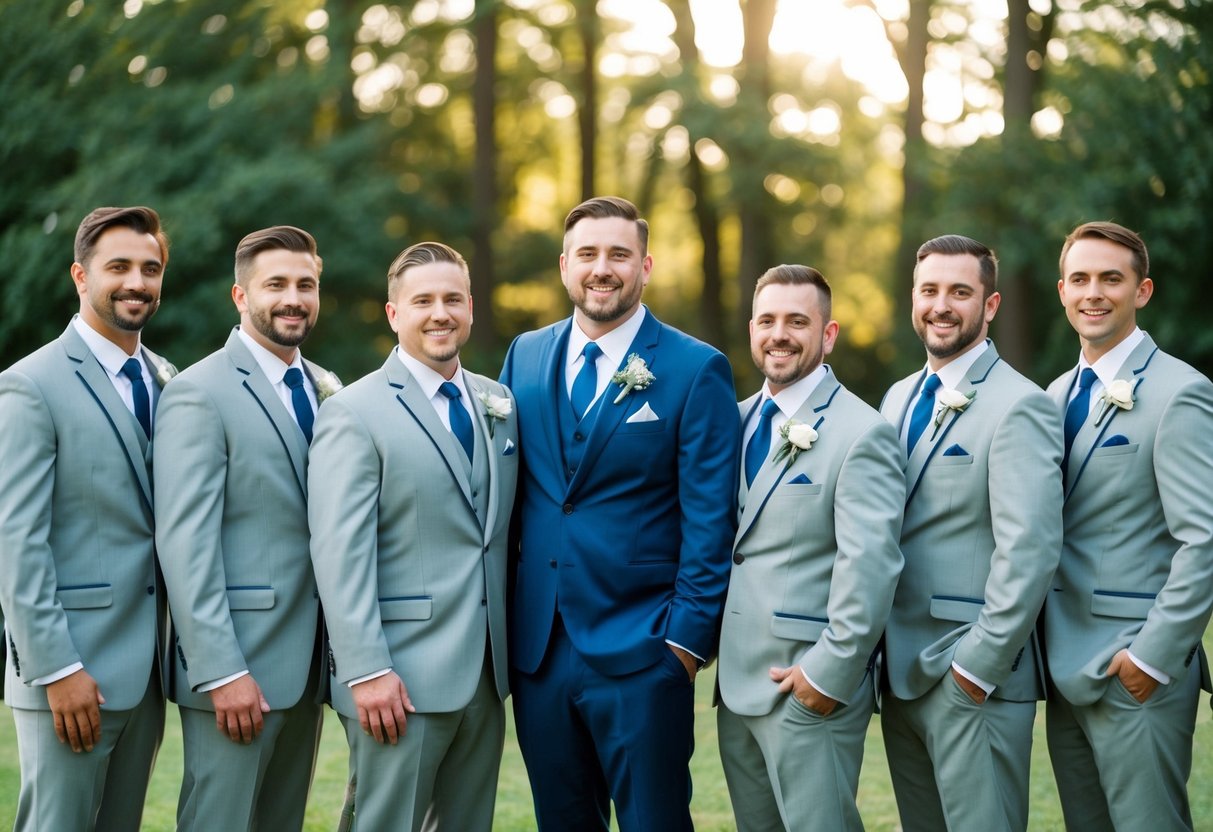 A group of groomsmen standing together in matching attire, posing for a photo with the groom