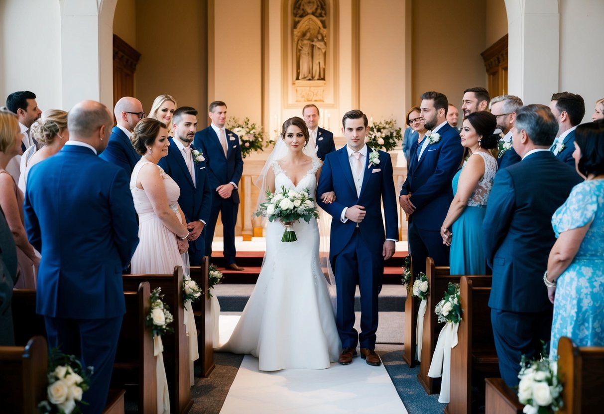 A bride and groom stand at the altar, surrounded by friends and family. The bride's mother is noticeably absent, causing tension and concern among the guests