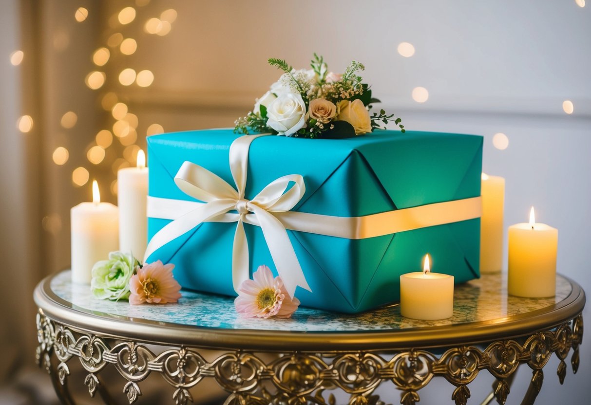 A beautifully wrapped wedding gift sits on a decorative table, surrounded by flowers and candles