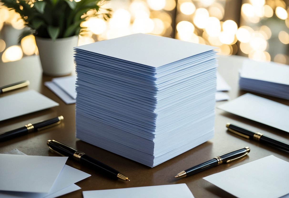 A stack of 150 blank invitations on a table, surrounded by pens and decorative elements