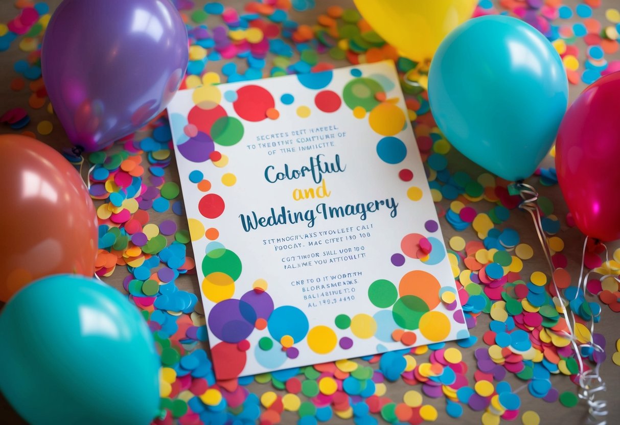 Colorful balloons and confetti decorate a wedding invitation with playful, child-friendly imagery