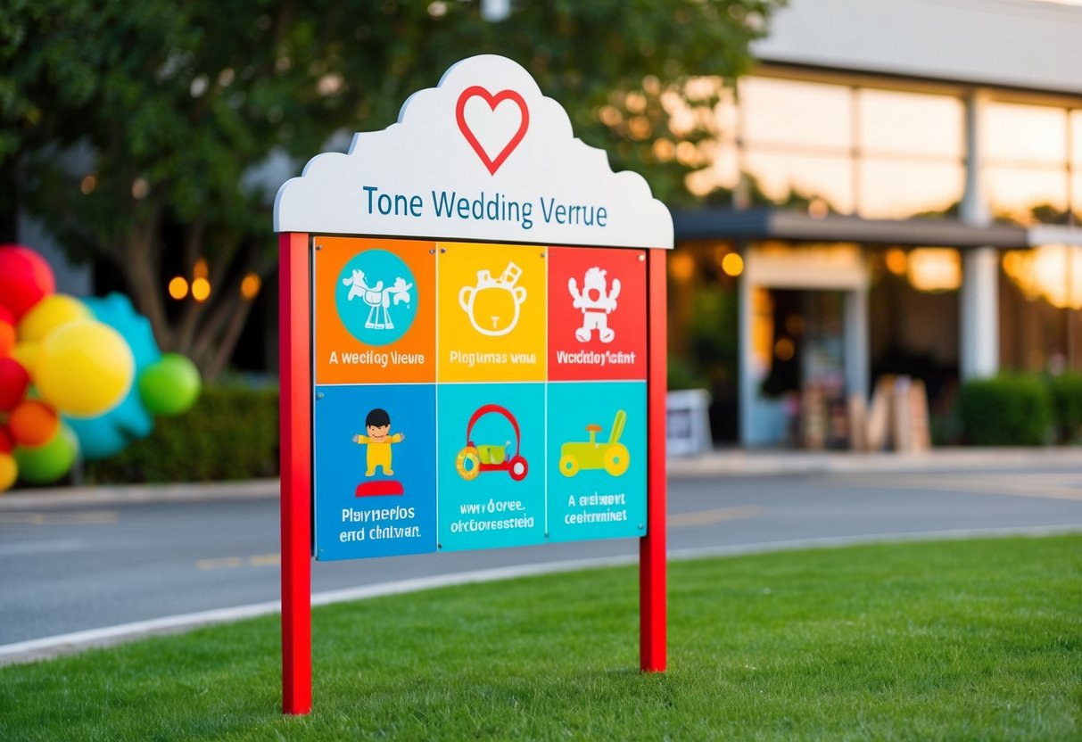 A colorful sign outside a wedding venue with playful symbols and images of toys and children's activities