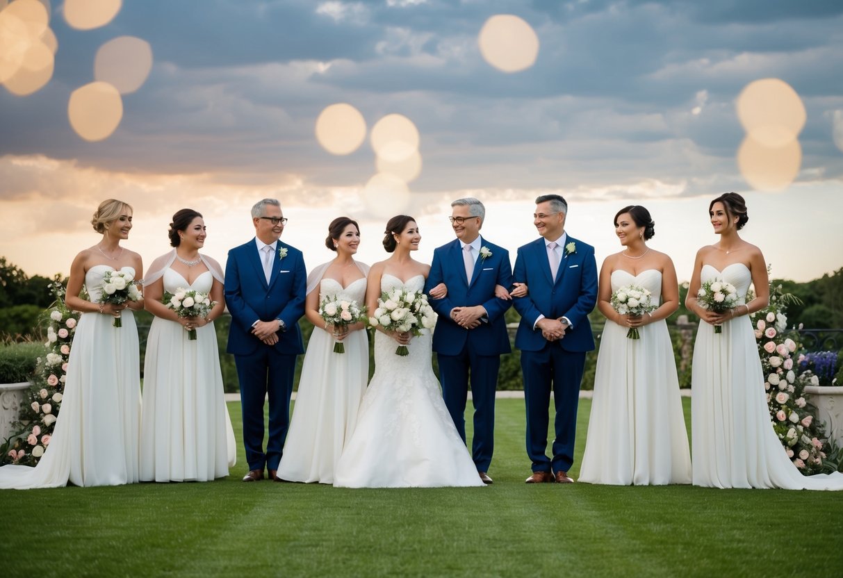 A group of elegant wedding attire arranged in a line, including parents' outfits, surrounded by floral decorations and wedding accessories