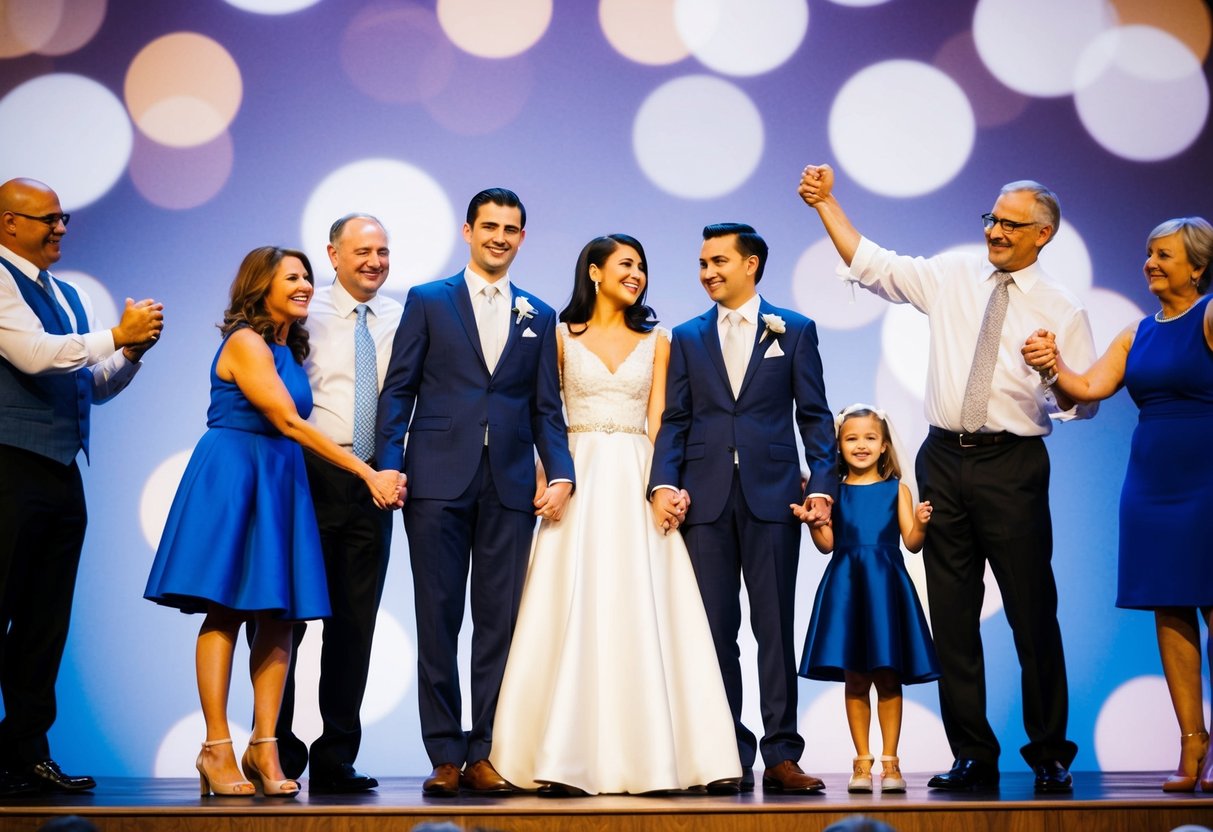 A couple standing on a stage, surrounded by their parents, all smiling and holding hands in celebration